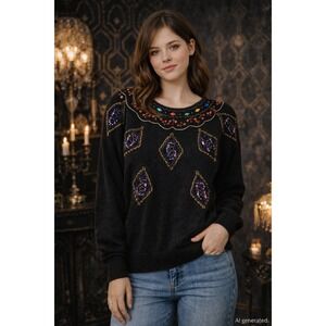 VTG 80s Christine Gerard Women Sweater Size M Black Beaded Whimsigoth Retro Glam